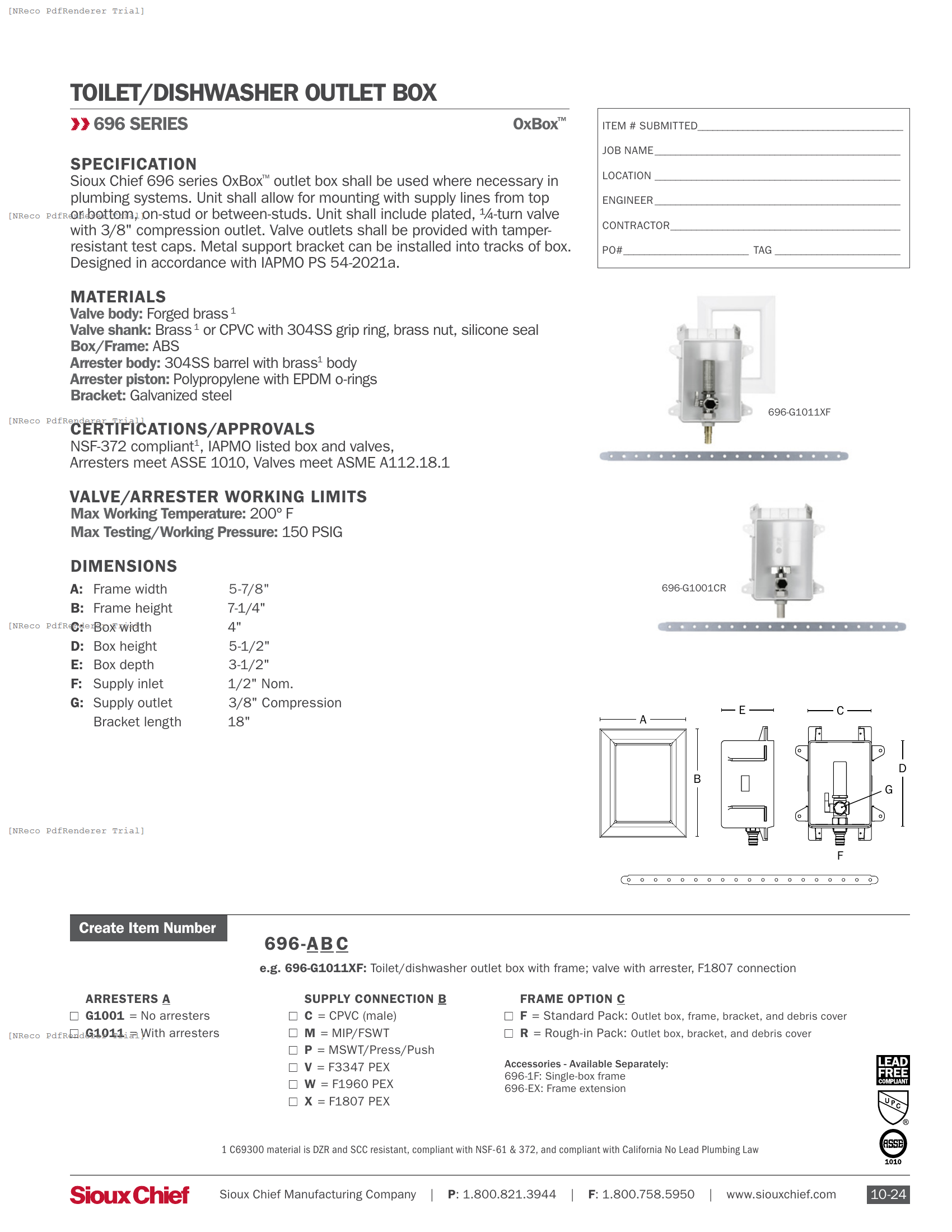 696 SERIES - OXBOX TOILET-DISHWASHER OUTLET BOX - SPEC SHEET.PDF Specification Document